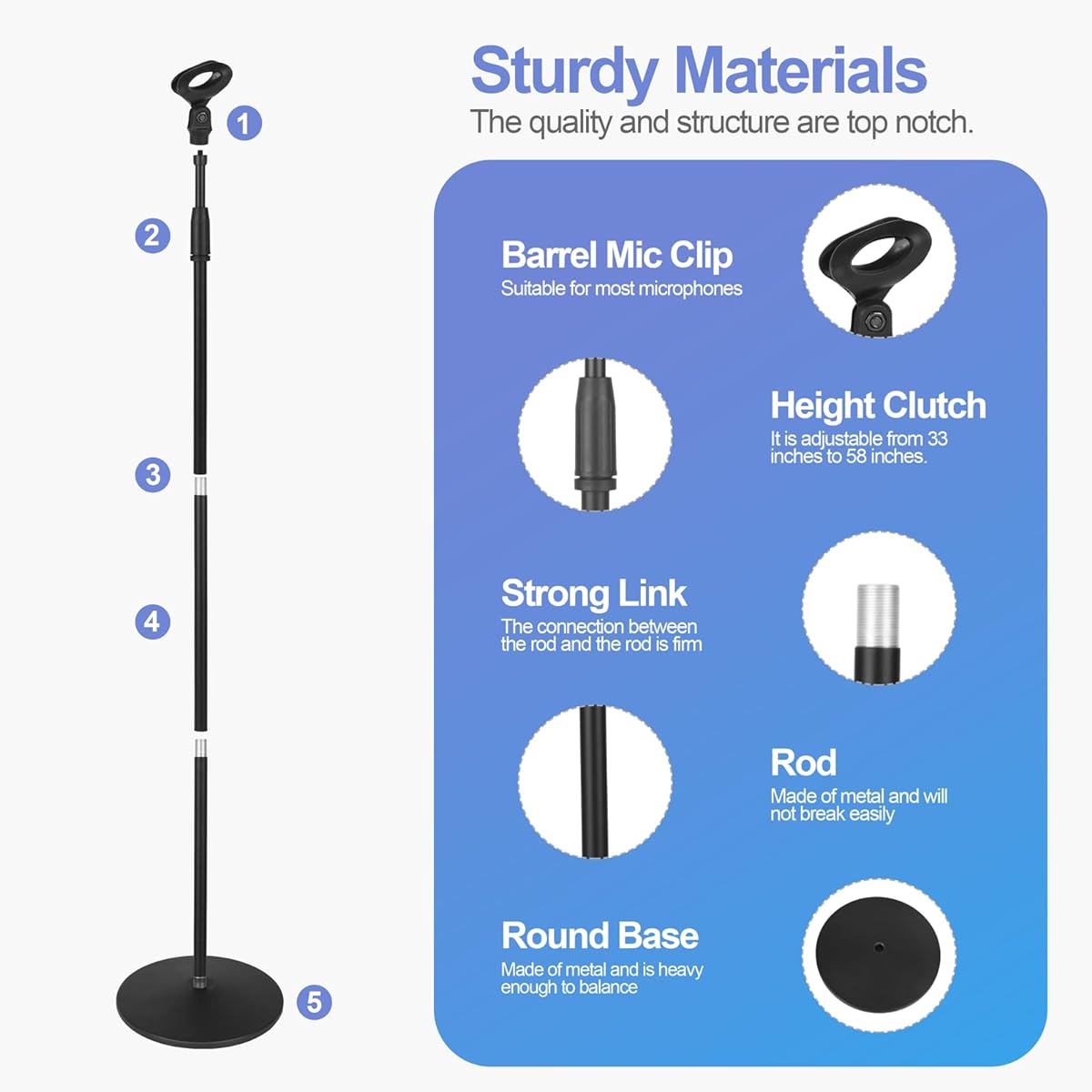 OUKMIC Microphone Stand Adjustable Karaoke Microphone Holder for Singing Universal Floor Standing Detachable Mic Stand Weighted Round Base Cable Clip Barrel Mic Clip and Tray for Kids/Adults