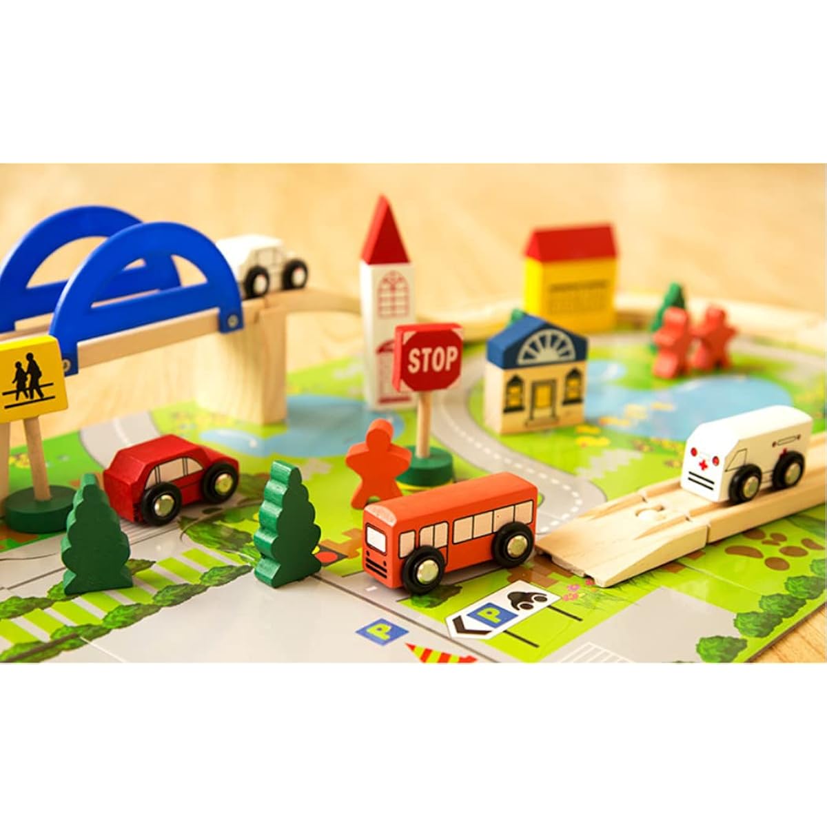 Molligol Wooden Building Blocks Set Car Ambulance Bus Takahashi Building Stacking Blocks Preschool Learning Toys for Boys Girls Kids Ages 3+ (40 Pieces, 1 City Puzzle Map)