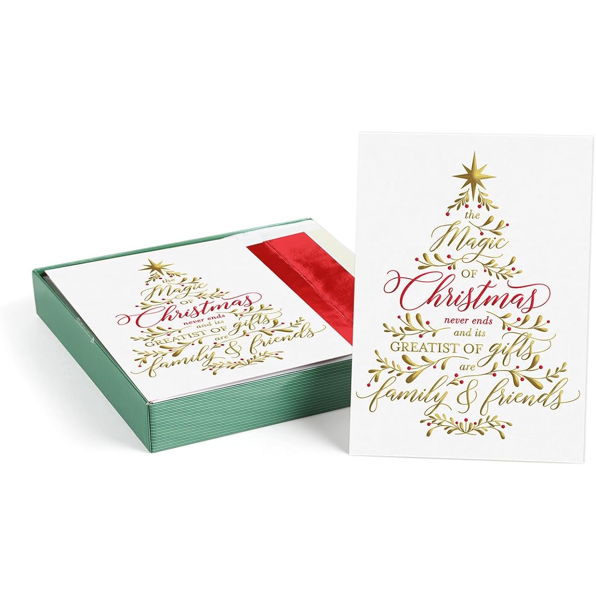 Masterpiece Believe In The Magic Of Christmas Cards / 15 Boxed Holiday Card Set with Shiny Foil Accents and Red Foil Lined Envelopes / 5 5/8" x 7 7/8" Folded Winter Christmas Tree Family Anf Friends Greeting Cards