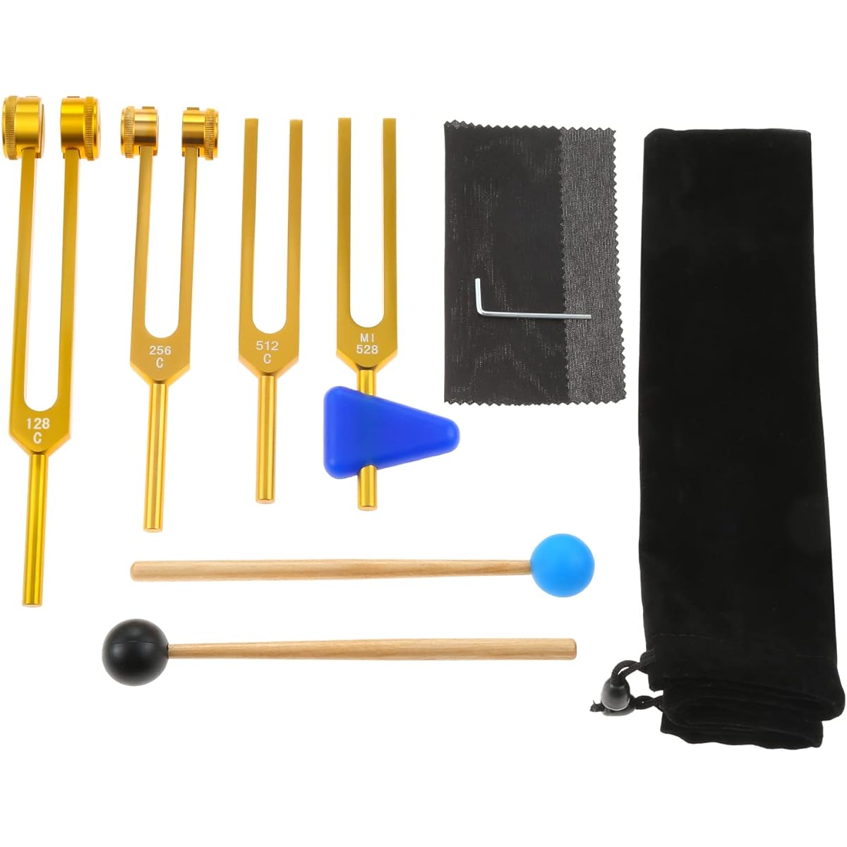 ETERMETA Tuning Fork Set (128Hz, 256Hz, 512Hz, MI528) Tuning Fork Chakra DNA Repair Healing, Sound Healing, Hammer, Triangular Silica Gel, Storage Bag, Cleaning Cloth (Gold) 4 Pack