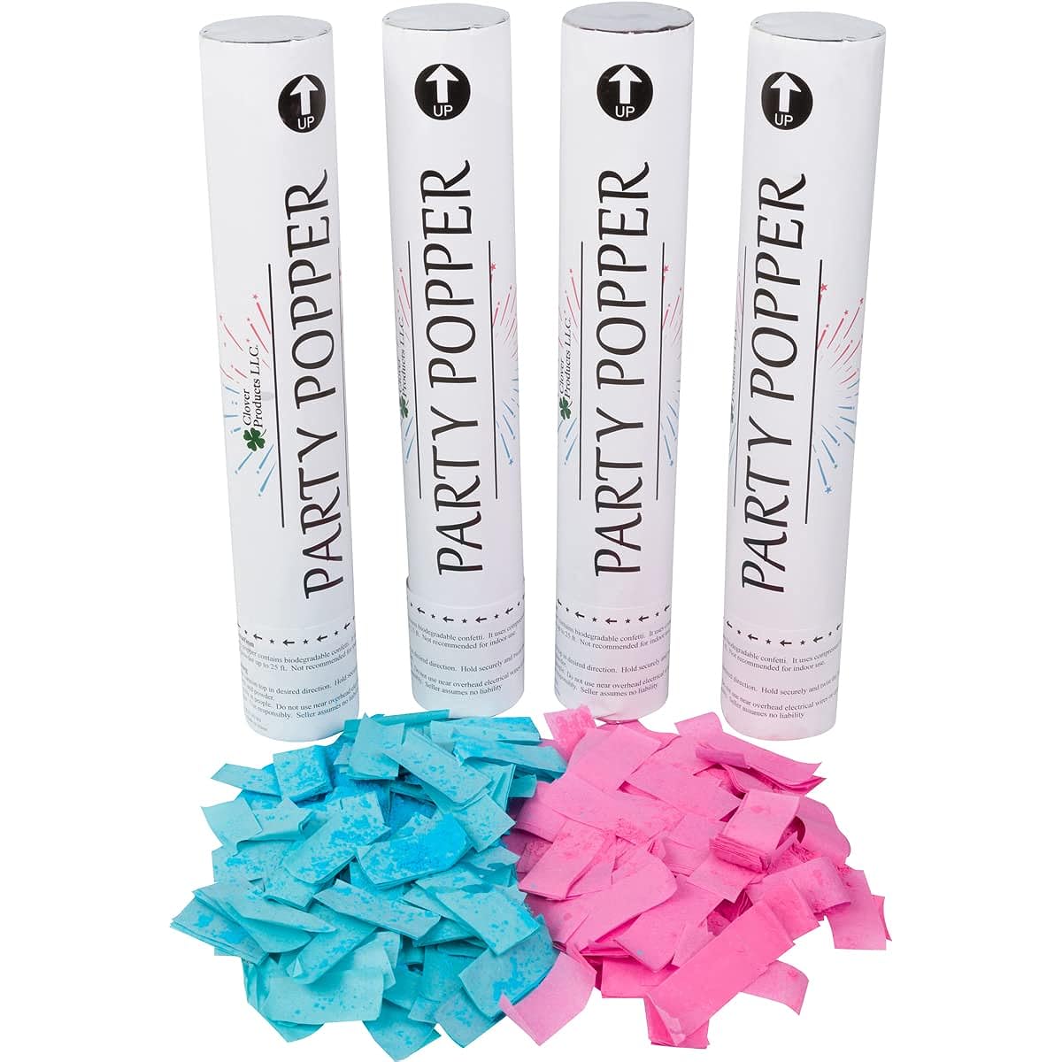 Clover Products Premium Gender Reveal Powder Cannon - 2 Pink and 2 Blue in 4-Pack | 12-Inch Gender Reveal Popper | Compressed Air Confetti & Power | For an Unforgettable Announcement | Each Box Includes a Free "It's a Girl" and "It's a Boy" balloons.