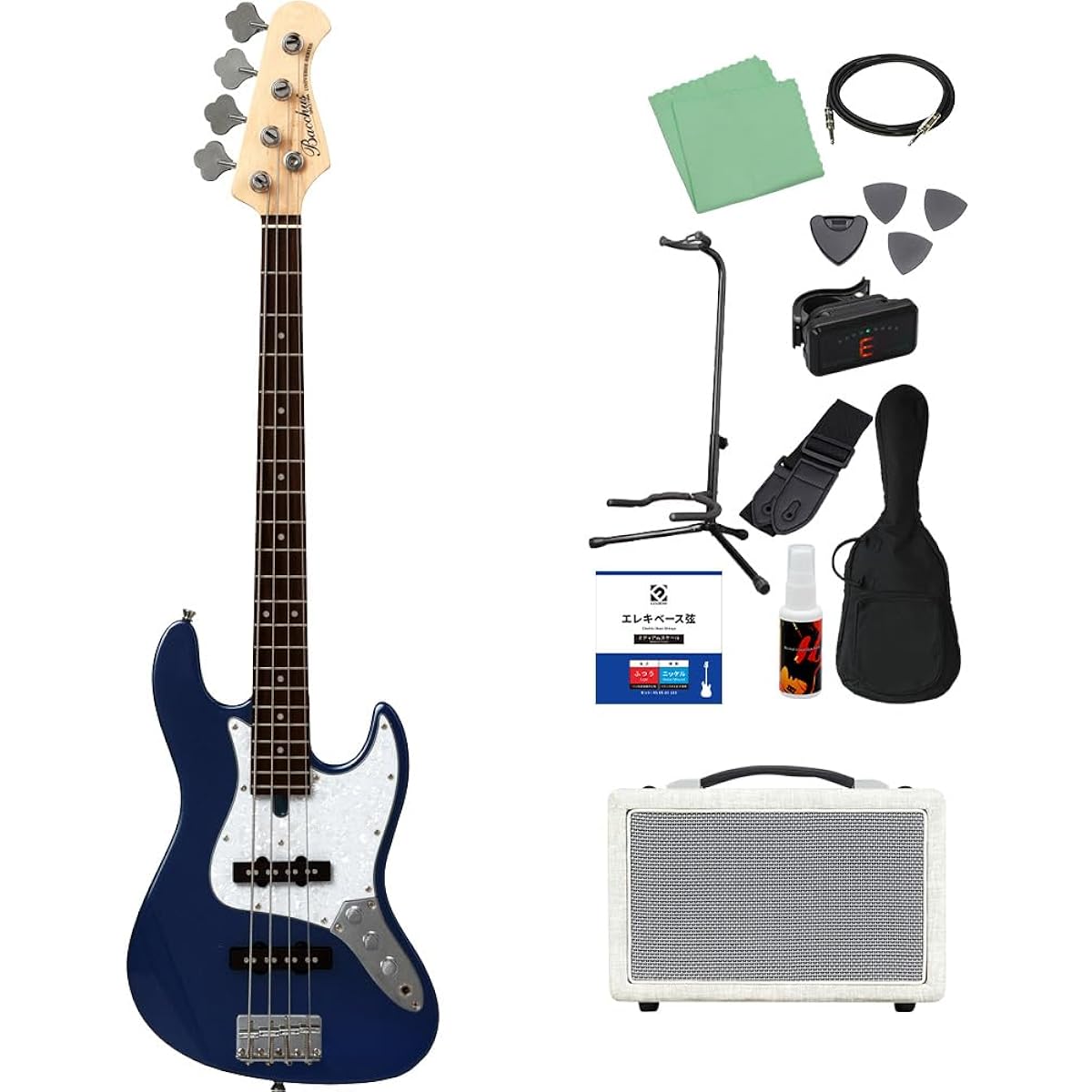 Bacchus WJB-Mini DLPB Dark Lake Placid Blue Bass Beginner 12-piece Set [Shimamura Music's best-selling bass amp included] Jazz bass type Bacchus