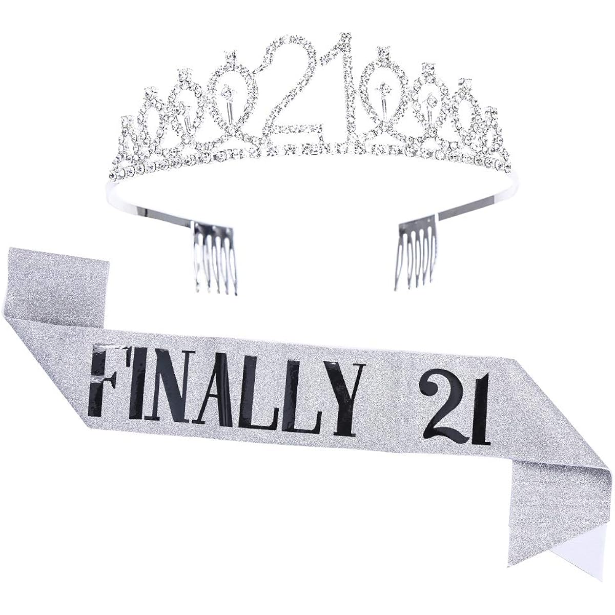 Topfunyy 21st Birthday Tiara and Sash Set - Finally 21 Silver Sash Crystal Crown Birthday Gift for Girls 21st Birthday Party Supplies