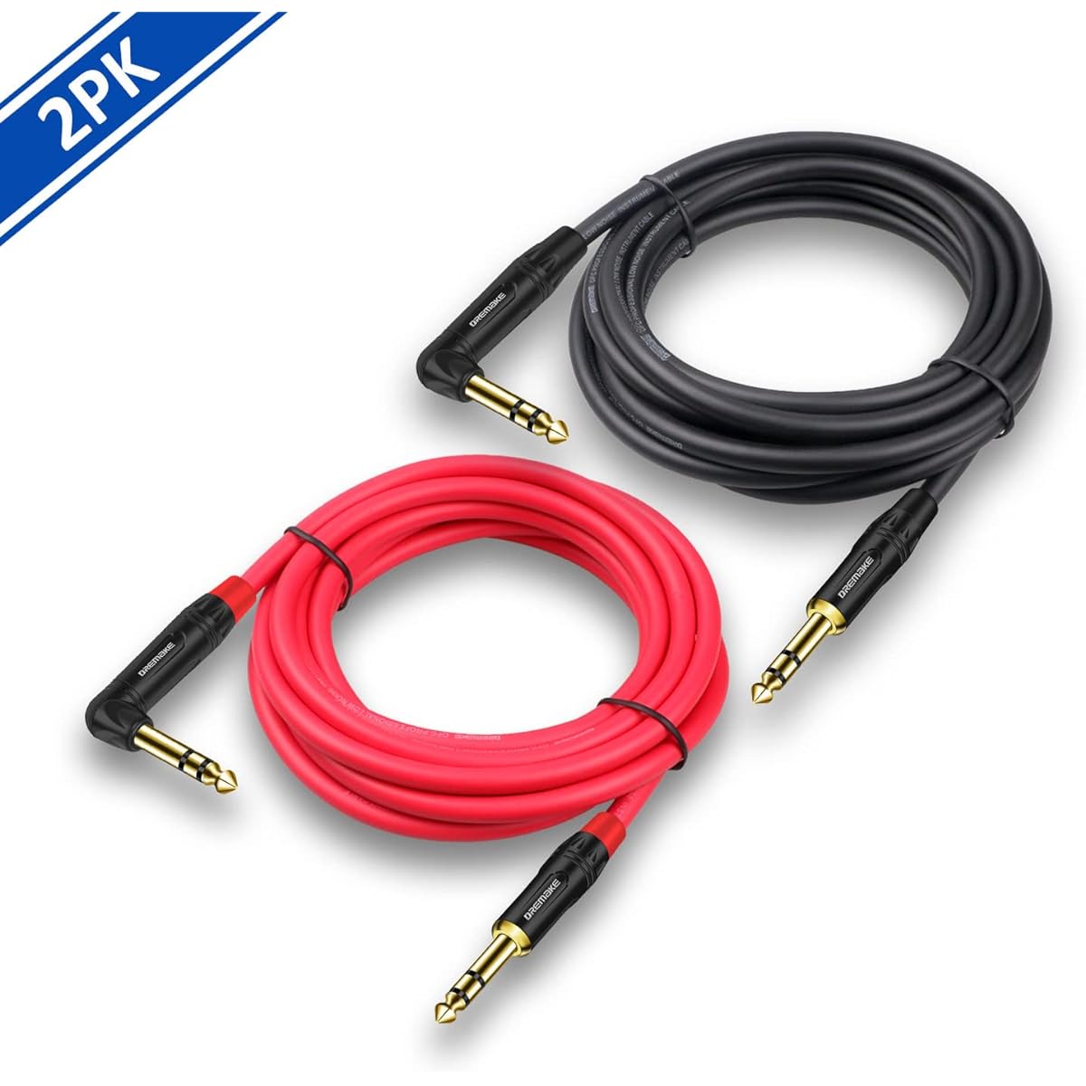 DREMAKE Guitar Cable Cord 6ft 2 Pack TRS 1/4 Straight to Right Angle Professional Instrument Guitar Amplifier Cable TRS 6.35mm Male to Male Balanced Audio Cable Pro Audio Effect Pedal Quarter Inch