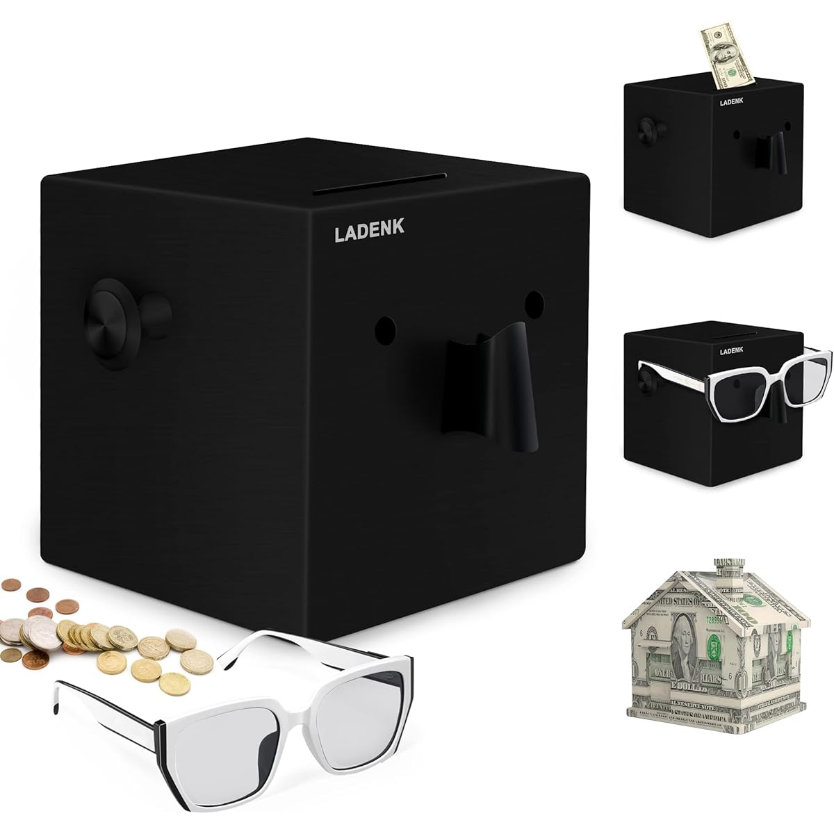 Ladenk Unbreakable Piggy Bank for Adults Kids with Glasses Holder Stainless Steel Piggy Bank Need to Open Piggy Bank Real Money Cash Piggy Bank 5.2 Inch (Black)