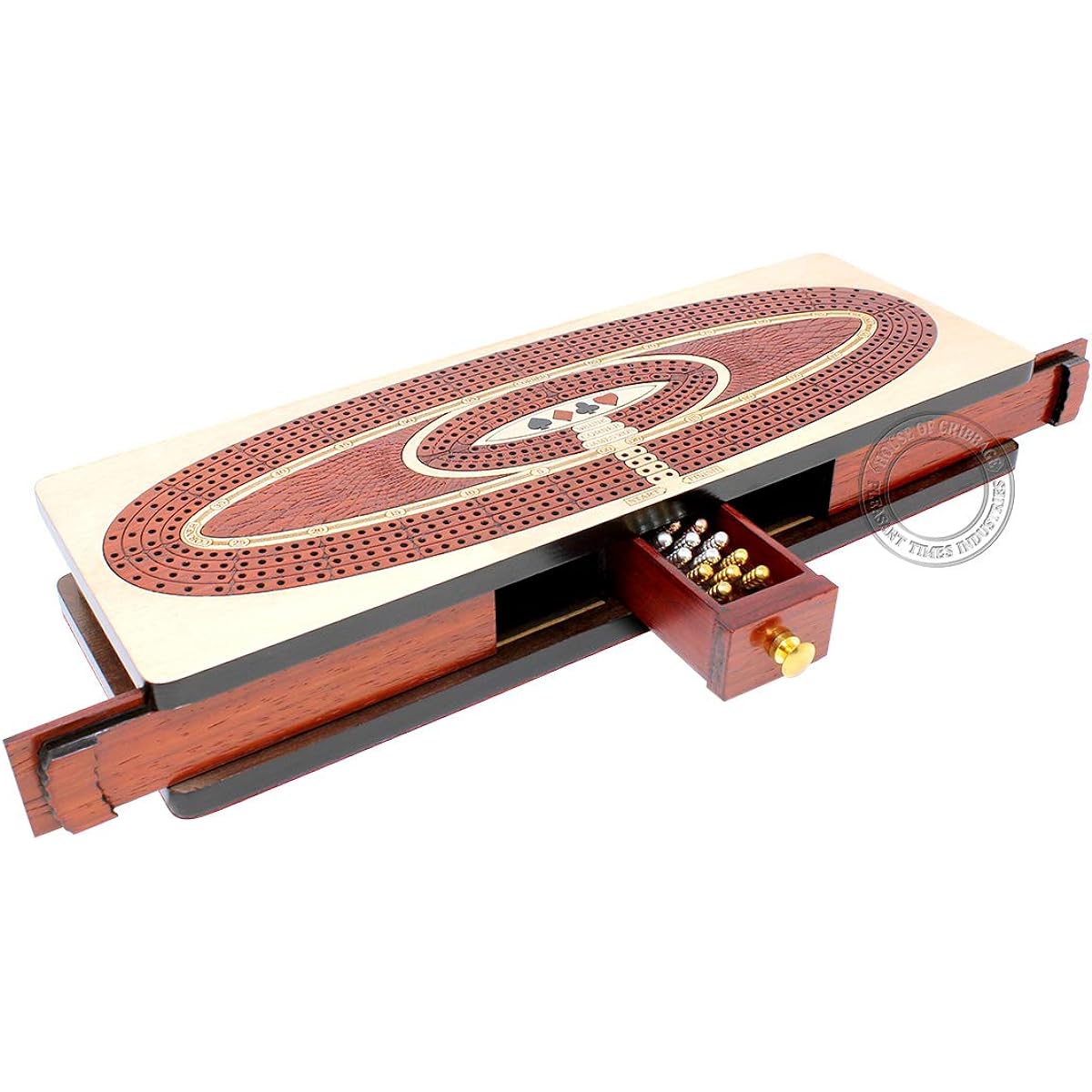 House of Cribbage - Continuous Cribbage Board / Box in Maple / Bloodwood: 4 Tracks - Sliding Lid, Drawer, Metal Pegs, Score Marking Field, Skunk Corner Game