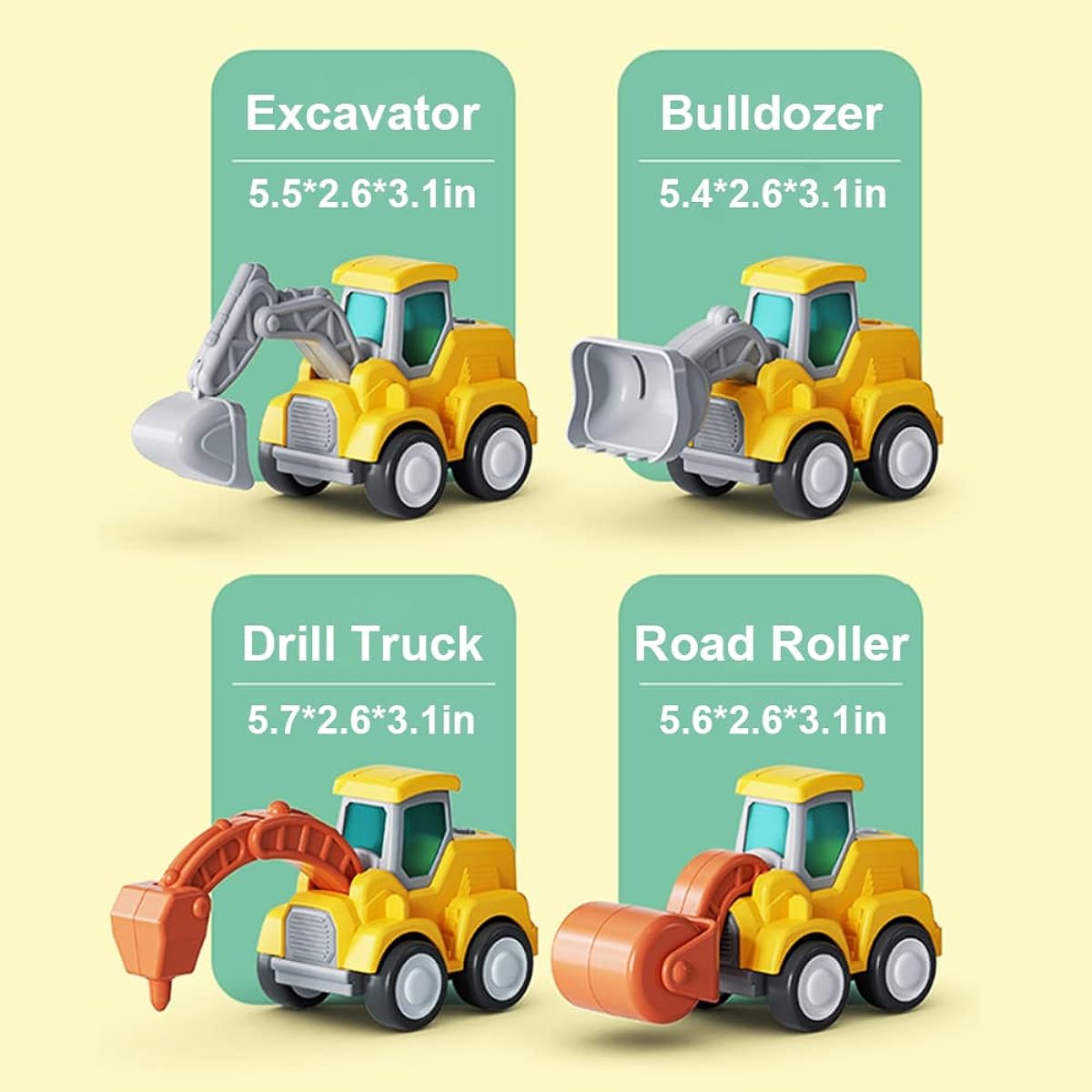 D-KINGCHY Construction Vehicles Kids Play Truck Press and Go Bulldozer Excavator Drill Truck Road Roller Construction Toys Preschool Car Birthday Toys Ages 3 4 5 6 7