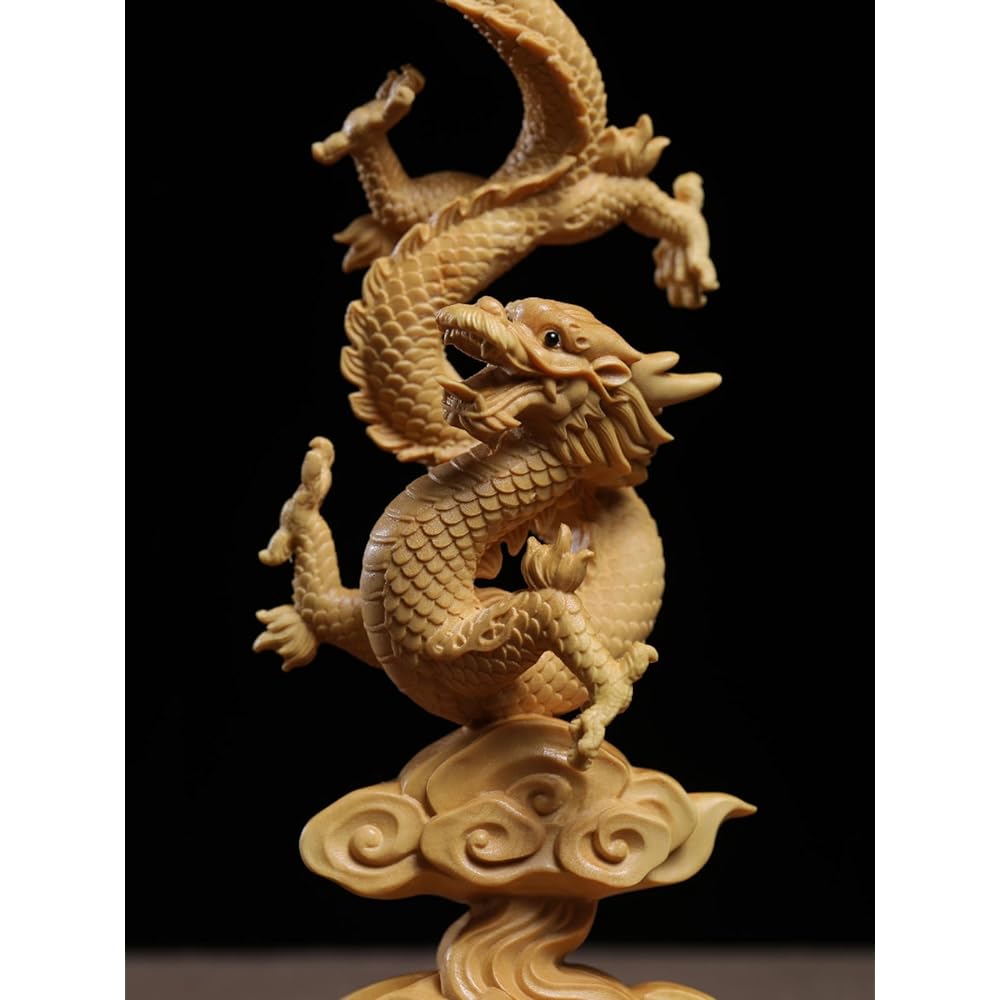 Dragon Figurine, Wood Carving, Year of the Dragon Figurine, Dragon God Goods, Financial Luck Figurine (Height 20cm x Width 8.5cm)