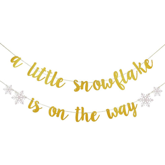 A Little Snowflake Is On The Way Banner Gold Glitter - Christmas Baby Shower Decorations Winter Baby Shower Decorations Baby It's Cold Outside Decor Christmas Baby Shower Shower