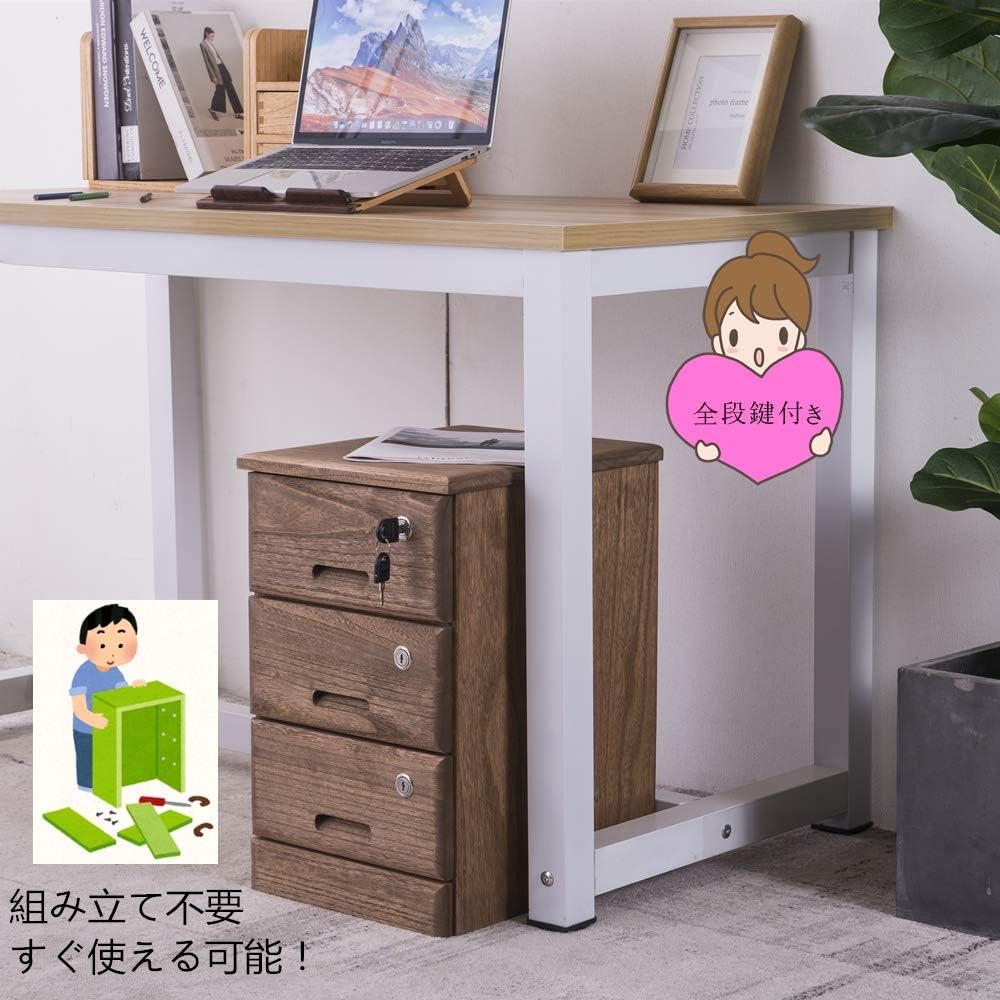KIRIGEN Natural Wood Cabinet, Complete Product, Office Sleeve Desk, 3 Tiers, Chest, Desk Wagon, All Tiers Come with Locks, Comes with Casters, Compatible with A4 Size, Vegetable Oil Painted Finish, Brown