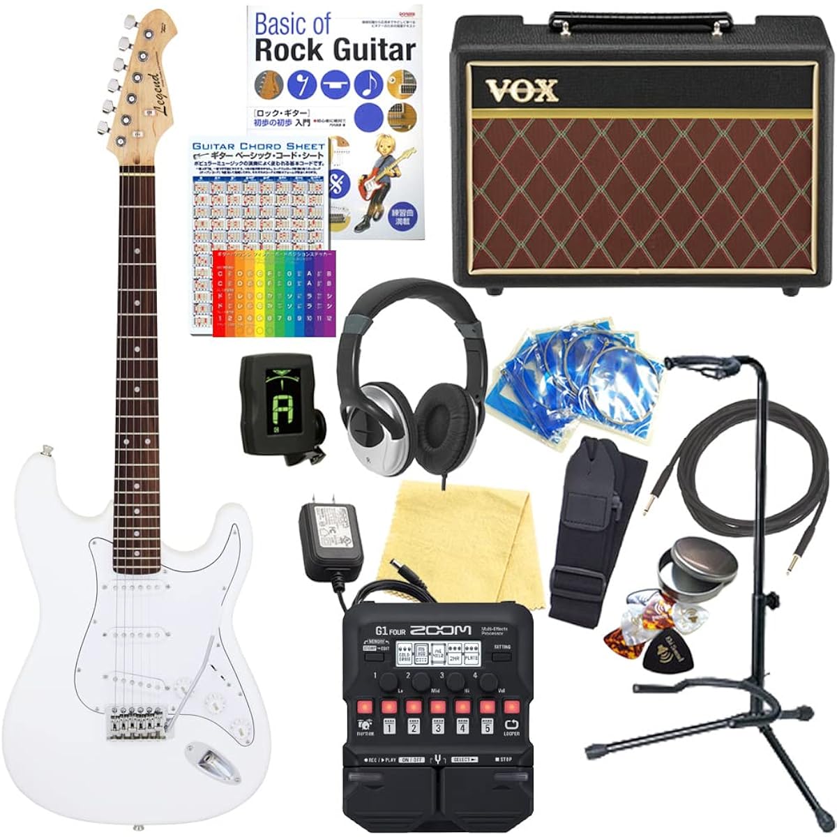 Electric guitar beginner set Stratocaster type 18-piece set with VOX amp Legend LST-Z WH [ZOOM G1Four multi-effector included]