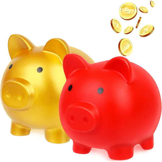 2pcs Cute Piggy Bank Plastic Pig Money Box Adult Piggy Bank Pig Money Box Coin Bank Plastic Savings Coin Box for Boys Girls Kids (M)(Gold, Red)