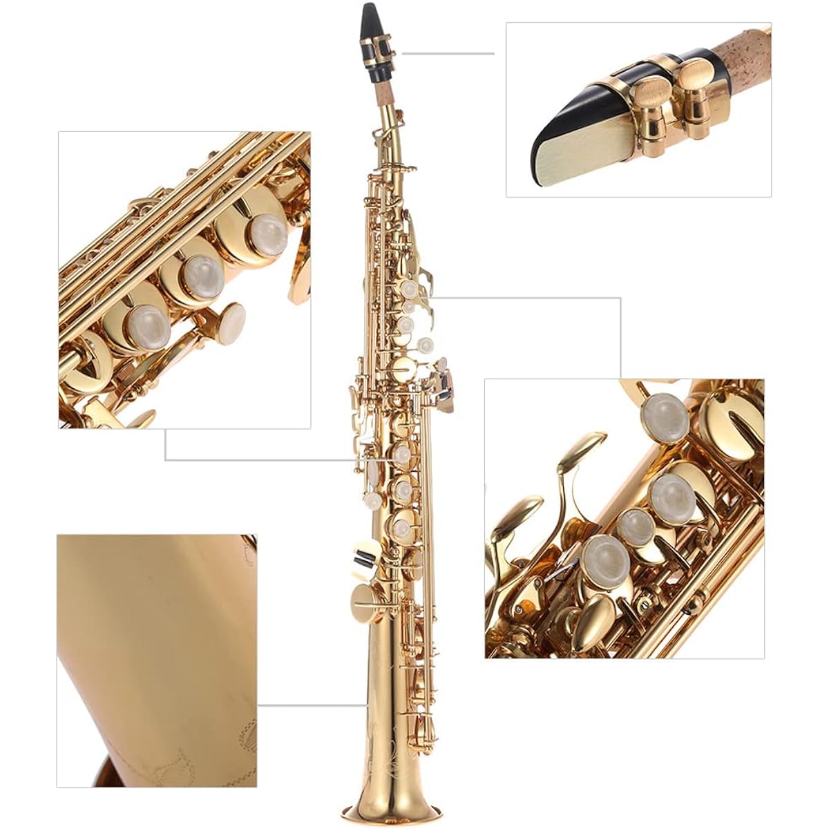 Bulaned Brass Straight Soprano Saxophone Saxophone Bb B Flat Woodwind Instrument Natural Shell Key Engraving Pattern Carrying Case with Gloves Cleaning Cloth Strap Cleaning Rod