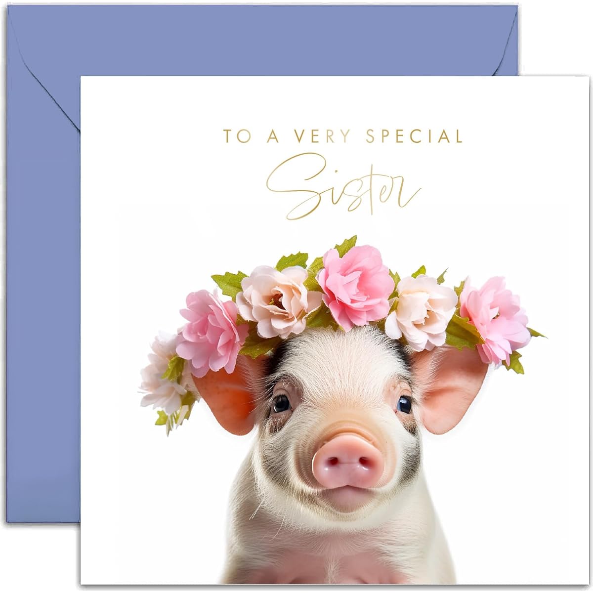 Old English Co. Piglet Very Special Sister Card - Cute Birthday Card with Pig Flowers - Cute Congratulations Card for Brother or Sibling | Blank Inside with Envelope