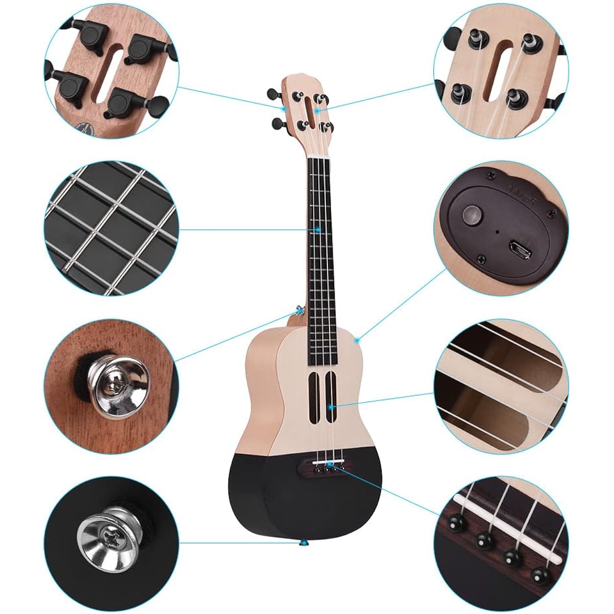 Btuty 23 Inch Smart Concert Ukulele with App Teaching Function, Carbon Fiber Body, ABS Fingerboard with LED Light for Beginners (Spruce Wood Panel)
