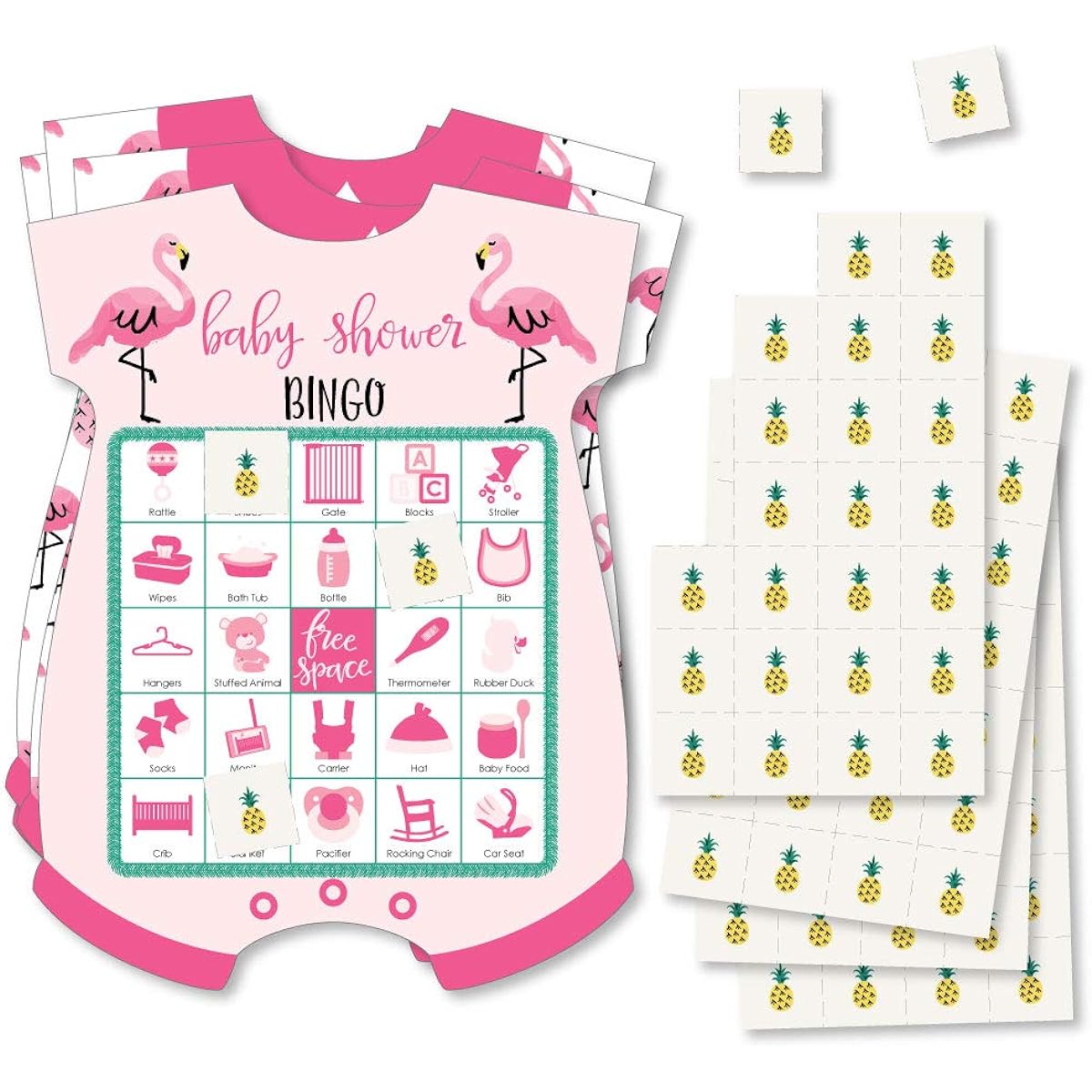 Pink Flamingo - For a Party Like a Pineapple - Bingo Cards and Markers - Bingo Game in the Shape of a Tropical Summer Baby Shower - Set of 18