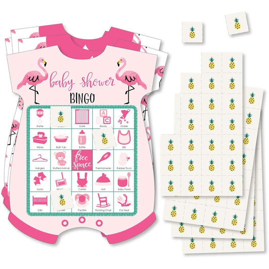 Pink Flamingo - For a Party Like a Pineapple - Bingo Cards and Markers - Bingo Game in the Shape of a Tropical Summer Baby Shower - Set of 18