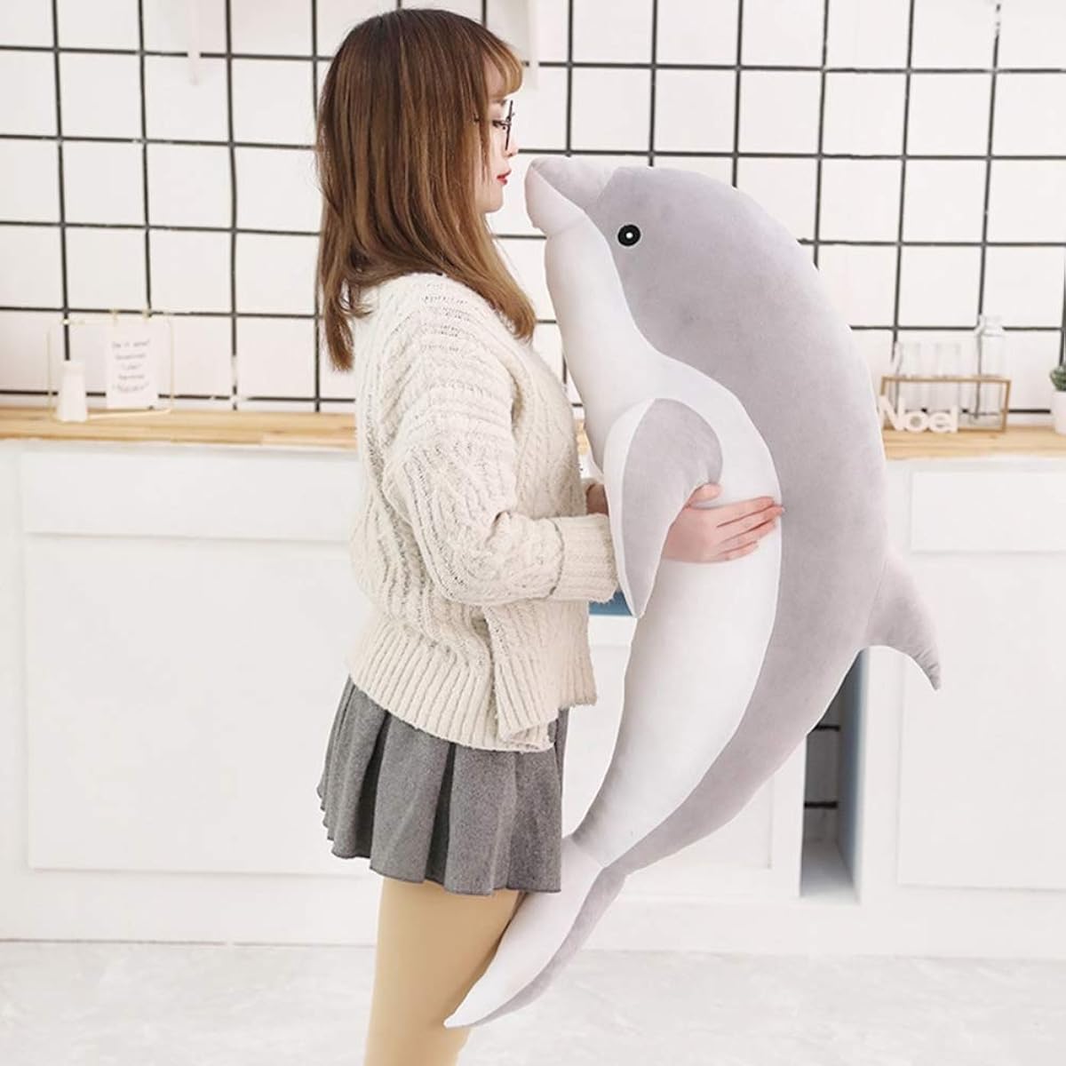 animal, extra large, huggable pillow, present, gift, birthday, fluffy, soft, cute, dolphin-stitched wrapping, child, wedding, birth gift, soothing, interior, bedroom, cushion, decoration, comfortable to hug, side-sleeping, gray, washable, nursery, 160cm