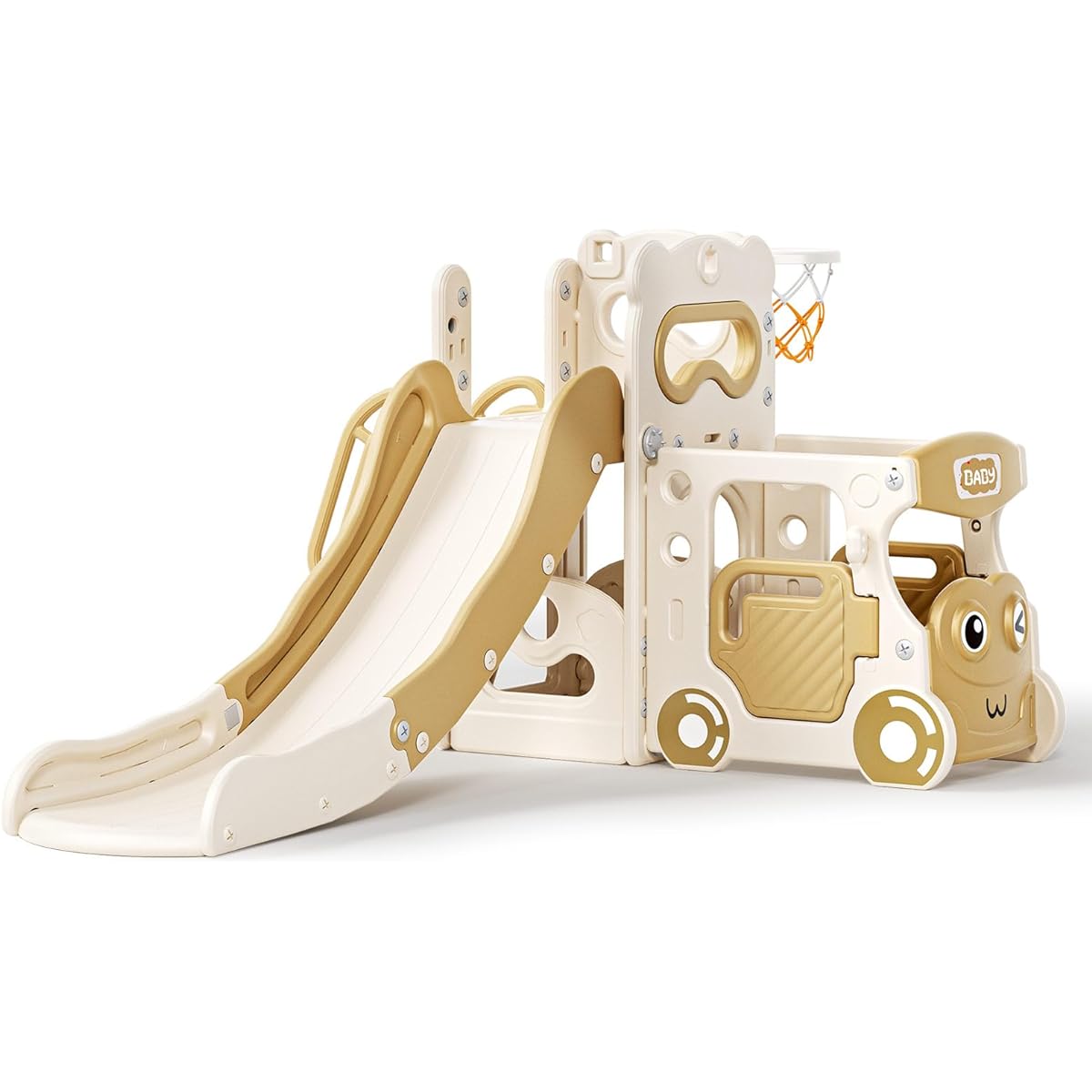 Lischwert Toddler Slide Indoor Slide Playground Set for Kids Outdoor Slide Freestanding Playset 4 in 1 Slide Basketball Hoop Bath Playhouse Climber for Ages 1+ Backyard (Coffee)