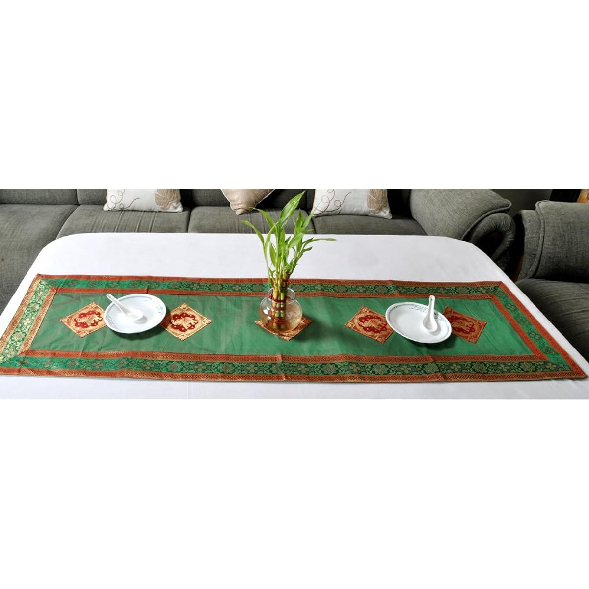 Lalhaveli Elephant Design Green Silk Table Decorative Runner 152 x 41 Cm