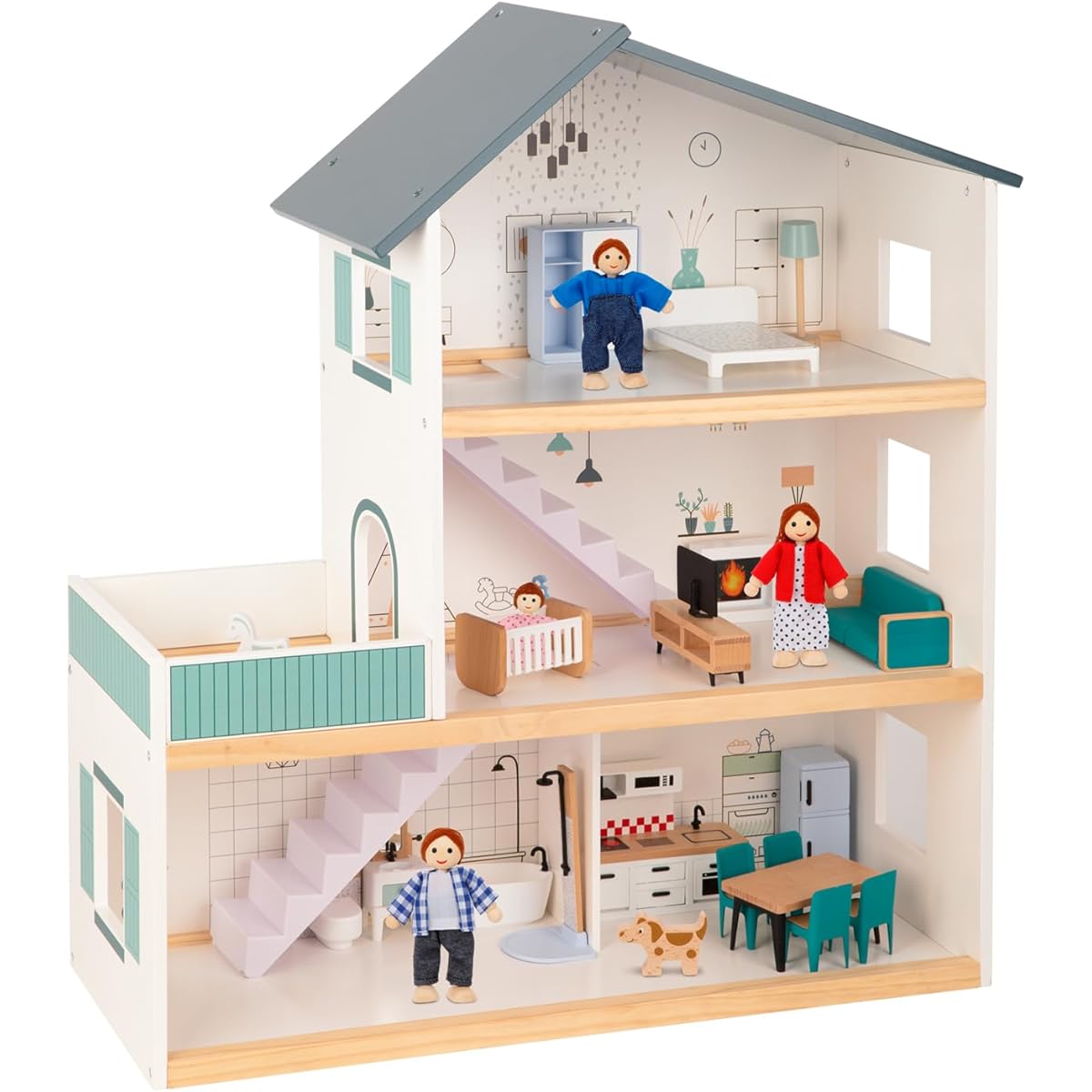 OOOK Wooden Dollhouse Children's Dollhouse Artificial Luxury Furniture Set Dollhouse Playset Girls Toddler Gift (Includes 4 Family Dolls and Dog)