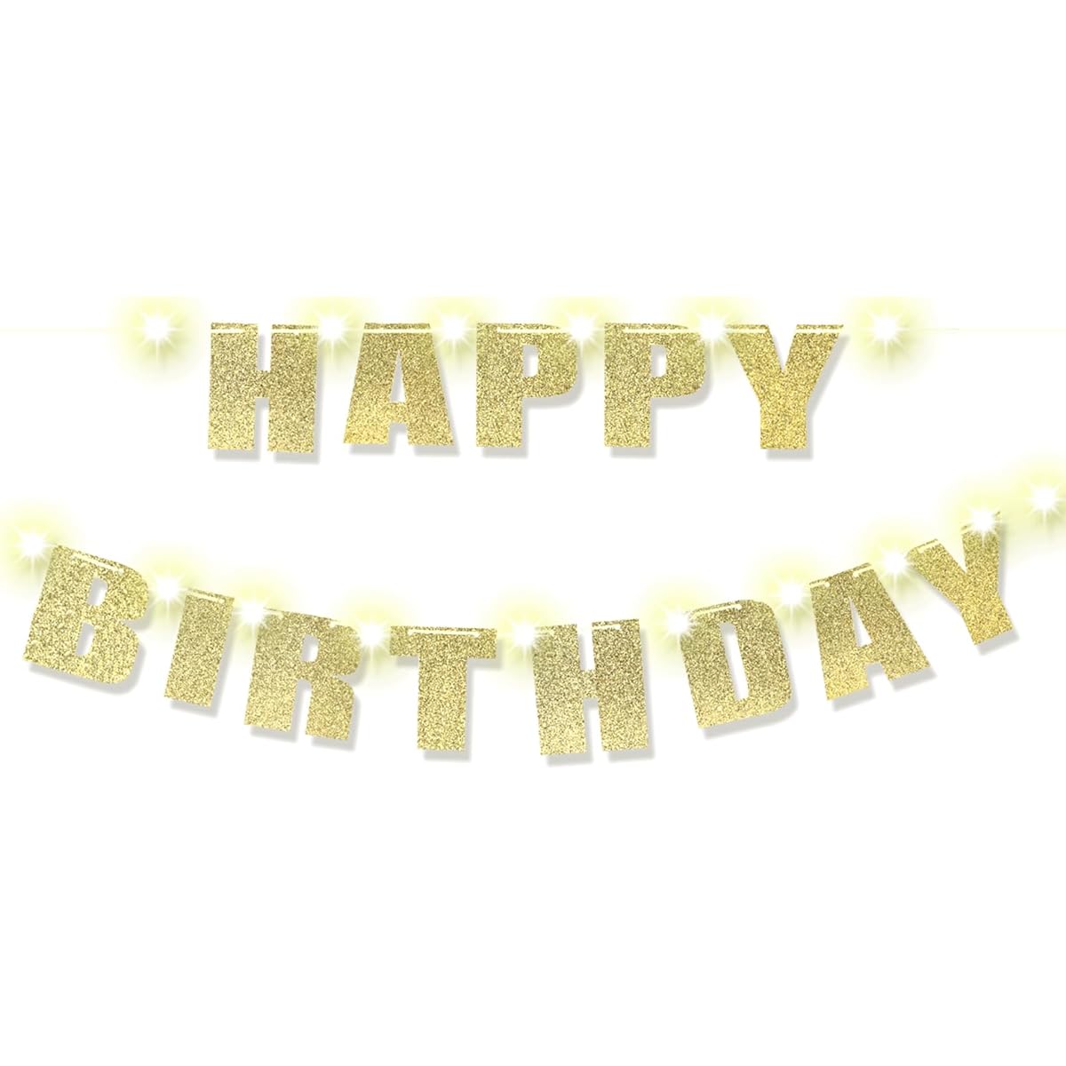 RUBFAC Pre-Gusted Happy Birthday Banner - No DIY - Gold Glitter Birthday Party Banner with 2 Fairy Lights Birthday Party Decorations