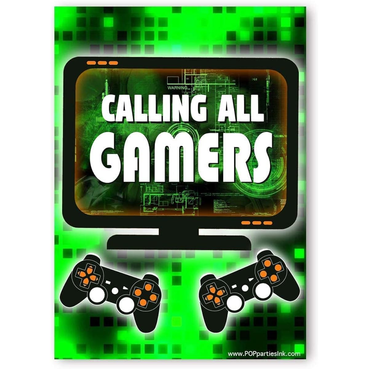 Pop Party Games Green Party Invitations - 20 Invitations + 20 Envelopes - Double Sided - Video Game Invitations - Game Truck Party Supplies - Green 20 Count