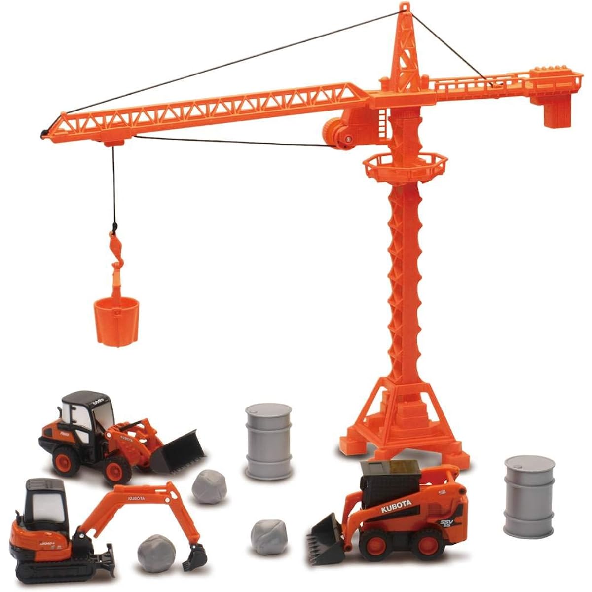 New-Ray Kubota Diecast Construction Vehicle Set Plastic Engineering Toy Playset Stair Loader Mini Excavator Wheel Loader Oil Drum Tower Crane Boulder for Kids