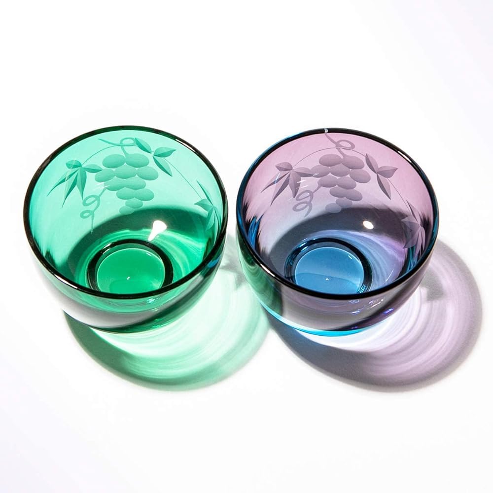 [Taimuro Kobo Official] Edo Kiriko Grape Crest Glass Cup Pair (Green/Edo Purple) TB30009/35009 Presentation Box Made in Japan