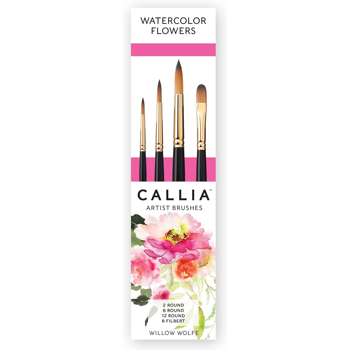 Willow Wolfe Callia Artist Brushes Watercolor Flower Set - Includes 2 round brushes, 6 round brushes, 12 round brushes, and 8 filberts