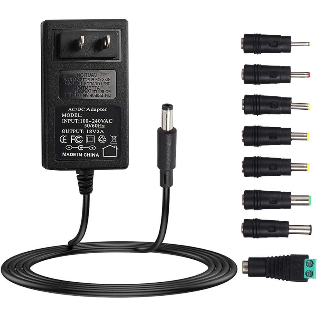 18V 2A 36W AC Adapter Power Supply with 8 Replaceable DC Plugs 18 Volt 2 Amp Regulated Switching Power Supply for 300mA 400mA 500mA 600mA 700mA 800mA 900mA 1000mA 1500mA 2000mA Equipment