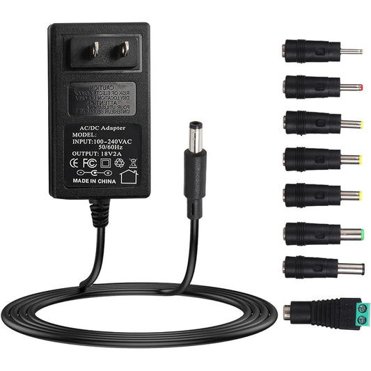 18V 2A 36W AC Adapter Power Supply with 8 Replaceable DC Plugs 18 Volt 2 Amp Regulated Switching Power Supply for 300mA 400mA 500mA 600mA 700mA 800mA 900mA 1000mA 1500mA 2000mA Equipment