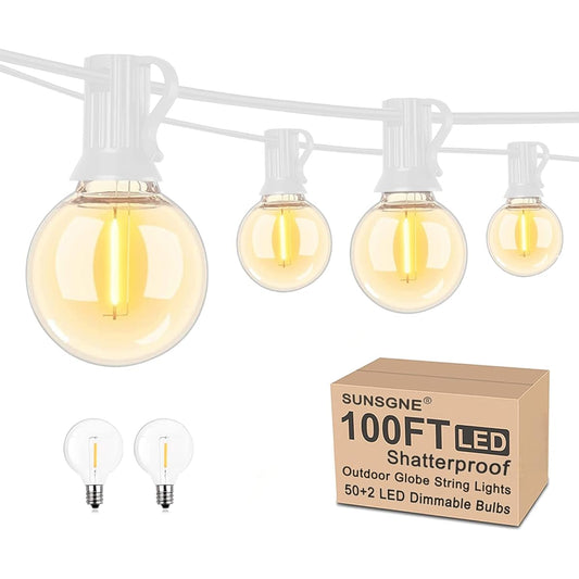 SUNSGNE 100Ft LED Globe String Lights Shatterproof Waterproof G40 Outdoor String Lights with 52 Dimmable LED Bulbs, Connectable Hanging Patio String Lights for Room Party Bistro Pergola Tents, White