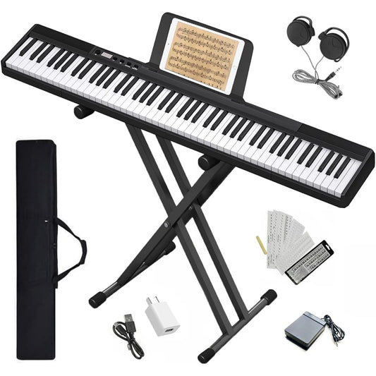 ano Stand Set] Longeye Digital Piano 88 Keys with Stand, Portable, Ultra Compact, 10mm Stroke, Built-in Battery, Long-Lasting Use, Perfect for Practice, Case Included, Pedal Included, MIDI Compatible, Music Stand, Keyboard Stickers, Earphones (Black Set)