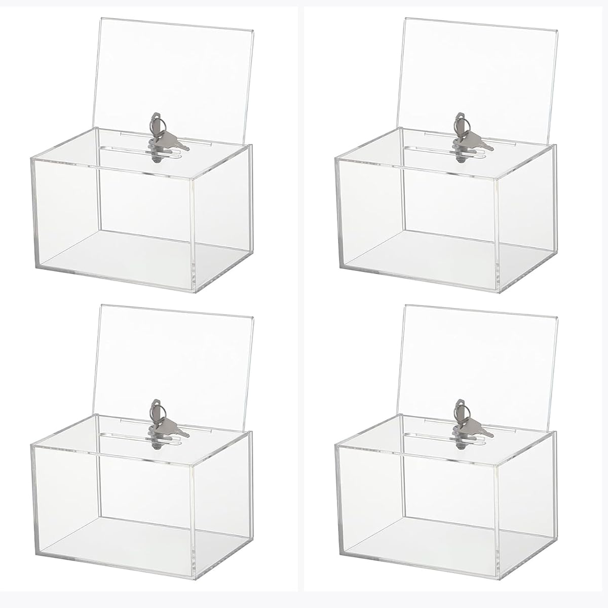 Donation Box, Clear, Acrylic, with Lock, Survey Box, Suggestion Box, Charity Box, Acrylic Donation Box, Transparent, Lightweight Design, Fully Clear, for Voting, Donations, Elections, Public Interest Activities, Commercial Activities (4 Pieces)