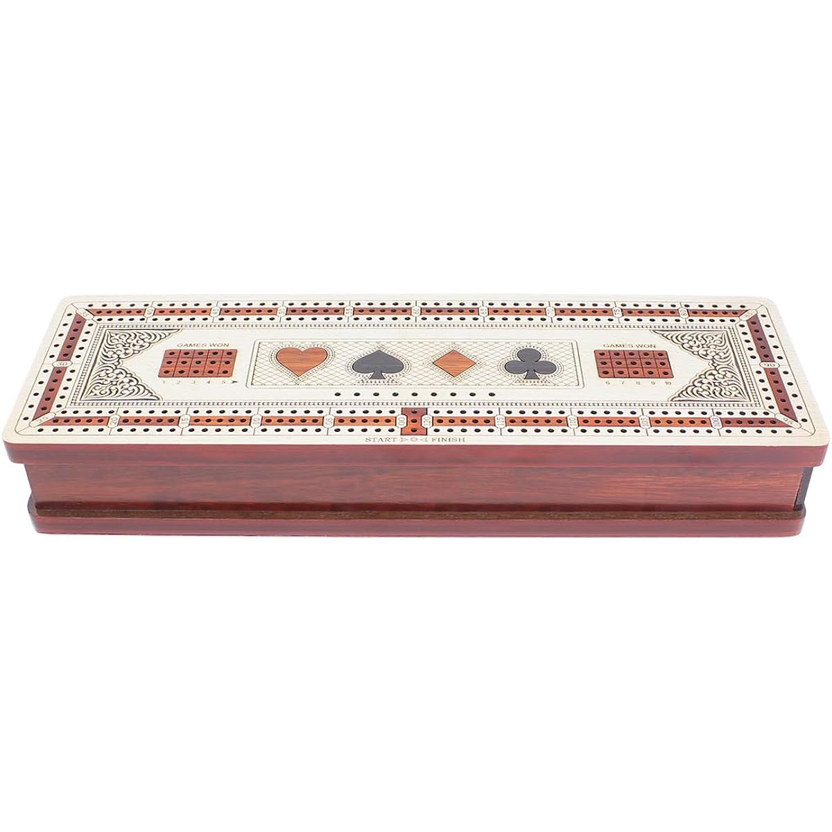 House of Cribbage - 3 Track Continuous Cribbage Board in Maple and Bloodwood - Inlaid Card Symbols (Suits) + Storage Drawer for Cribbage Pegs & Cards