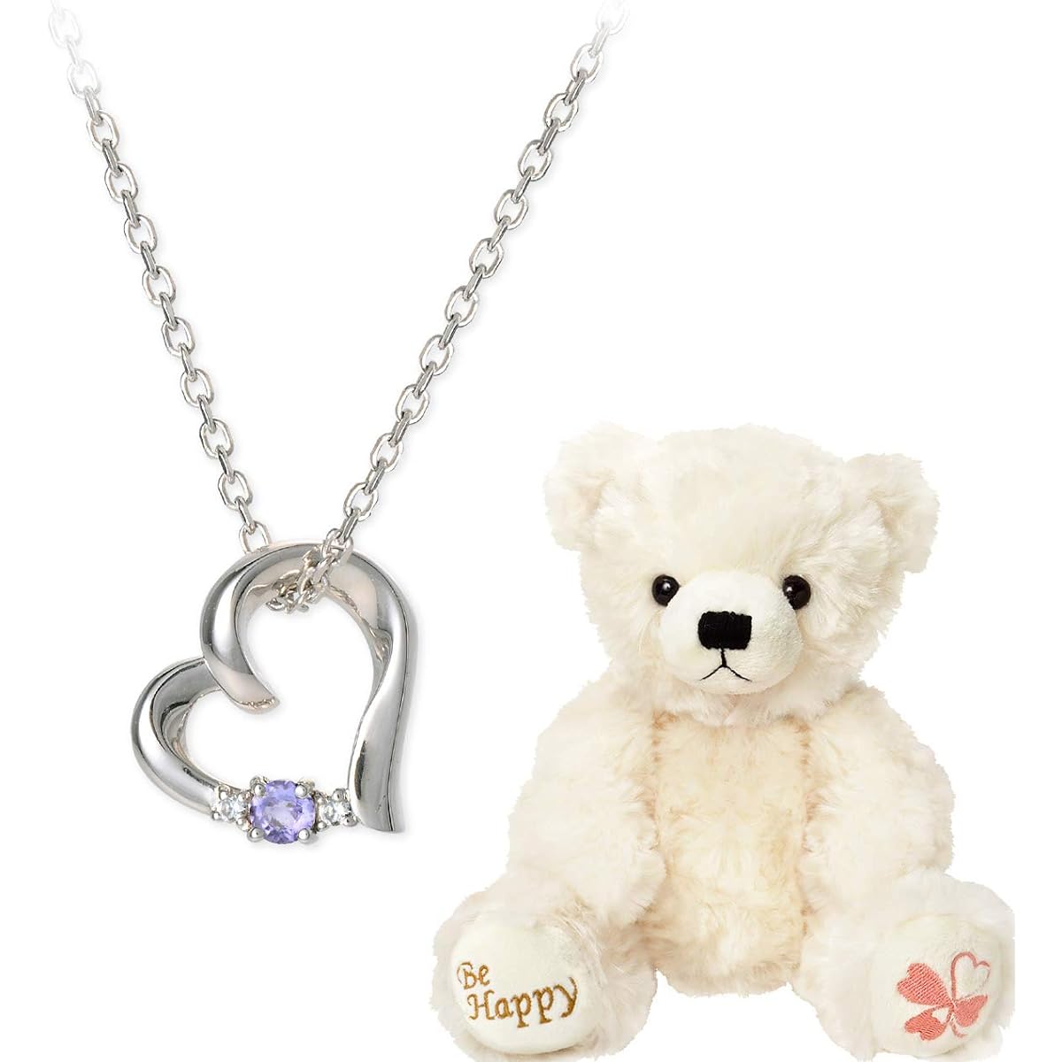 [Happy Teddy Bear] Necklace for Women, Happy Teddy Bear Plush Toy Set, Birthstone, Heart, Open Heart, Silver, Gift, Birthday, Anniversary, Woman, Girlfriend