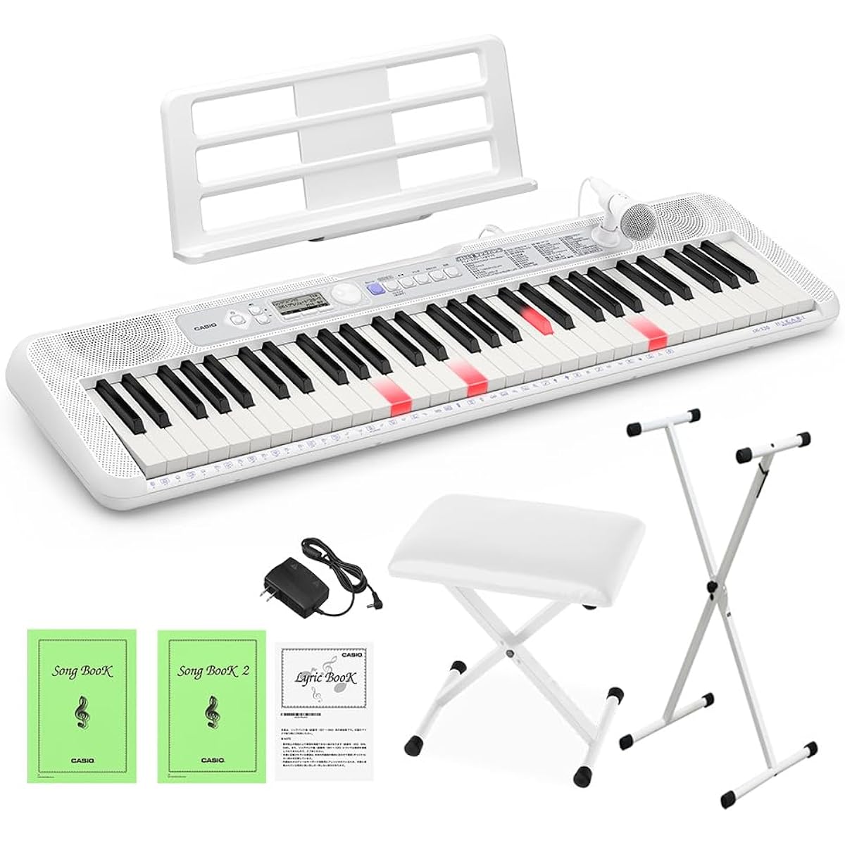 CASIO LK-330 Optical Navigation Keyboard 61 Keys White Stand and White Chair Set Casio