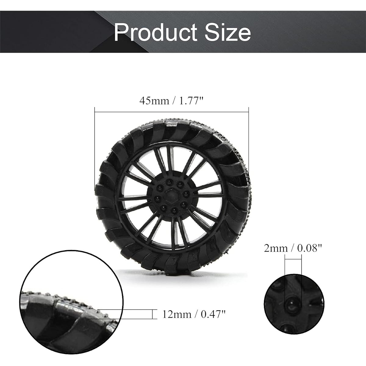 MroMax 2pcs 45mm Diameter and 2pcs 12mm Inner Diameter Thick Plastic RC Car Wheels Black