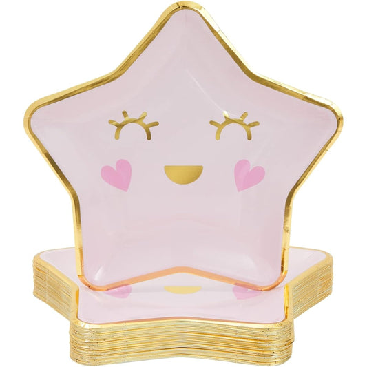 48 Pack Pink Star Paper Plates for Girls Twinkle Twinkle Little Star Baby Shower Theme Party Decorations (9 inch)