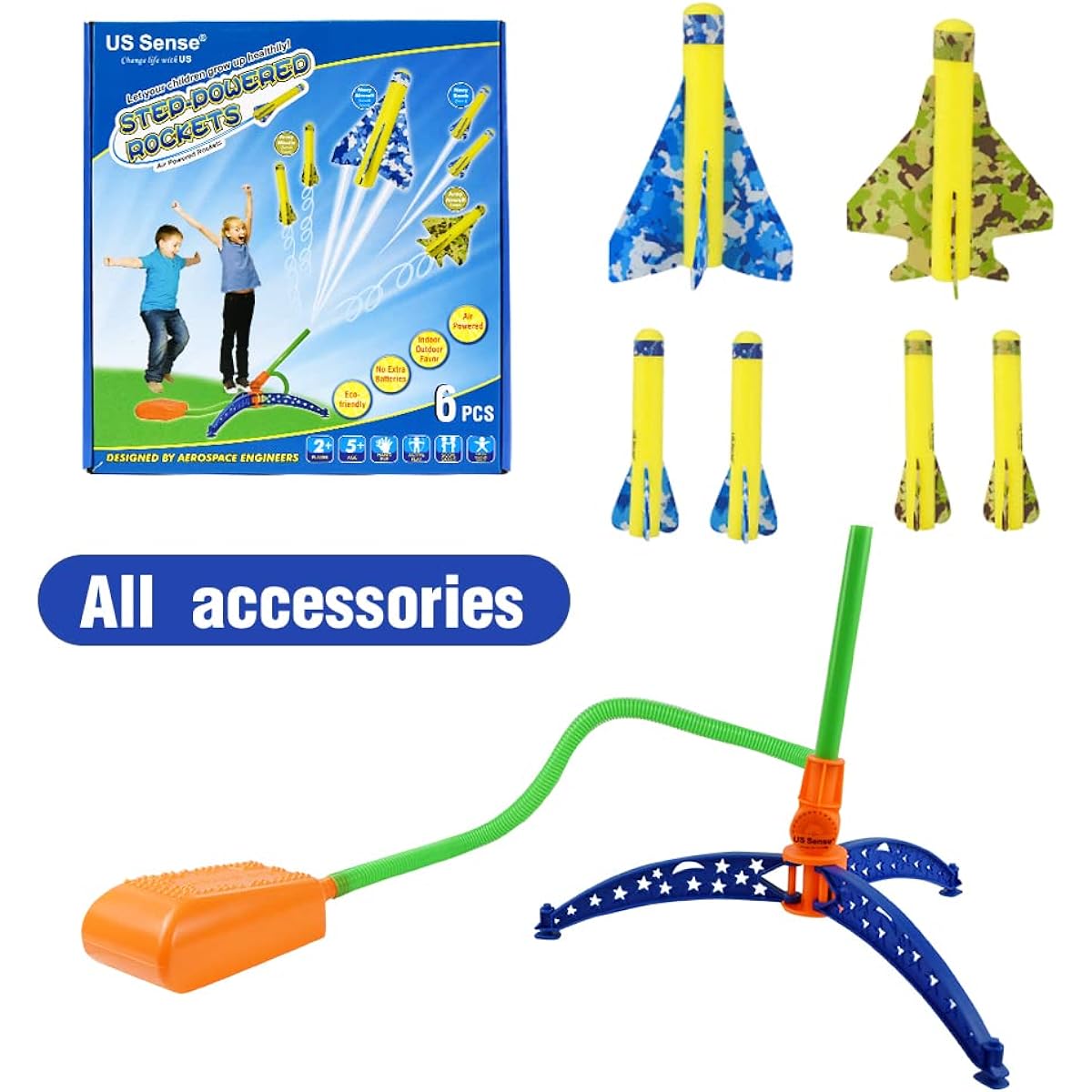 US Sense Toy Rocket Launcher for Kids Stomp Rocket Set - 2 Glider Planes + 4 Foam Rockets + Adjustable Stomp Launcher Stomp Rocket for Kids Ages 5 6 7 8 12