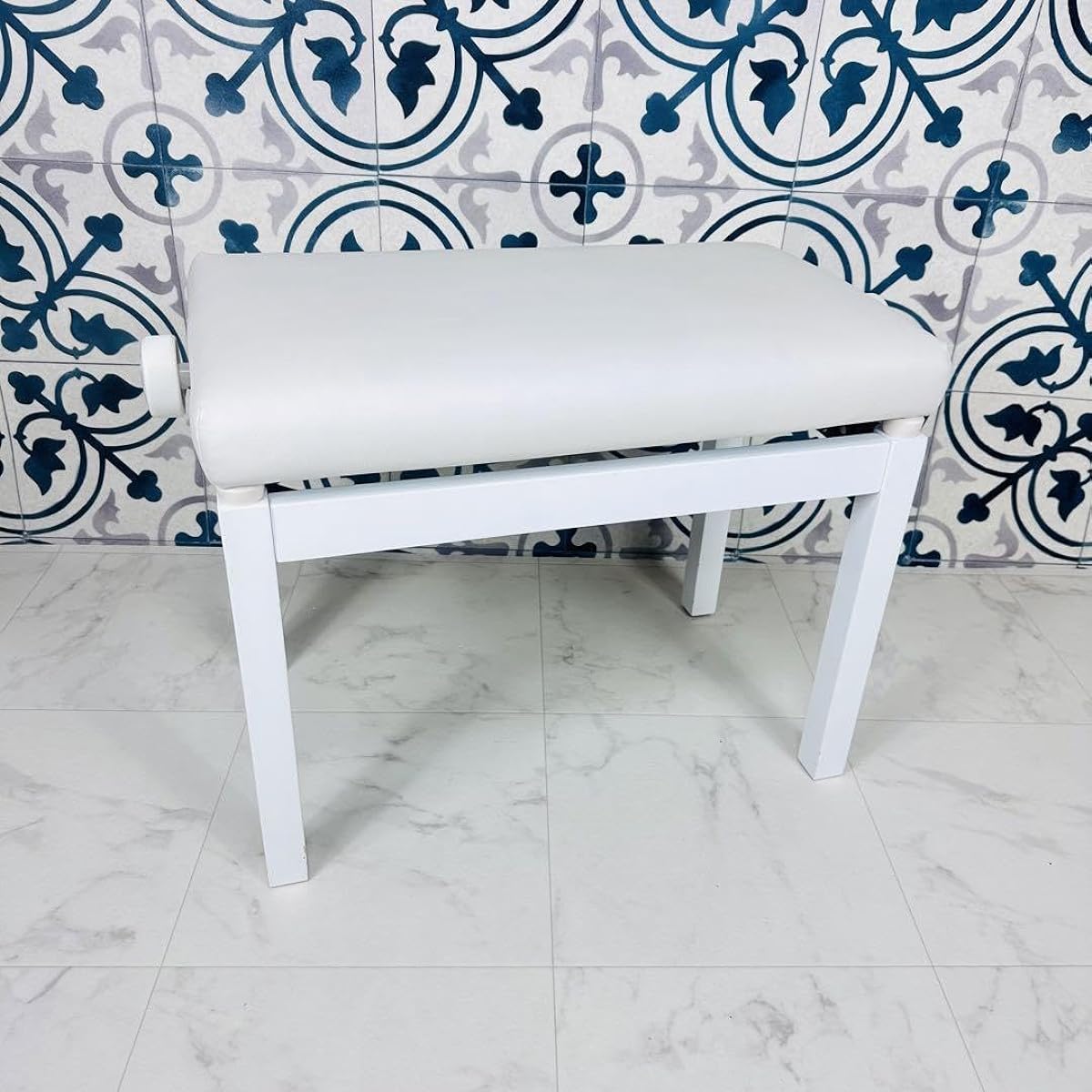 Piano stool, leather, white, height adjustable