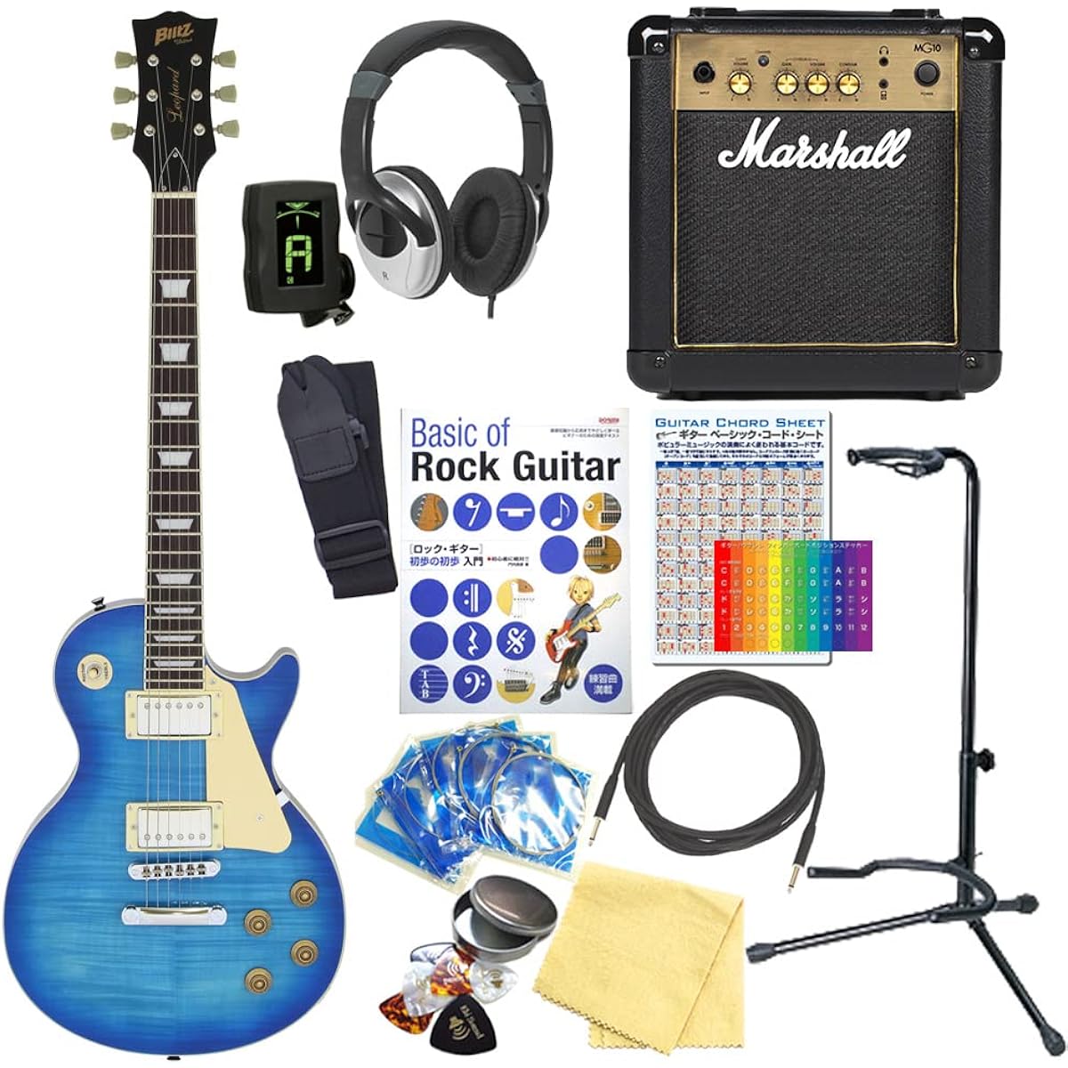 Electric Guitar Beginner Set Les Paul Standard Type 15 Piece Set with Marshall Amplifier Blitz BLP-450 SBL