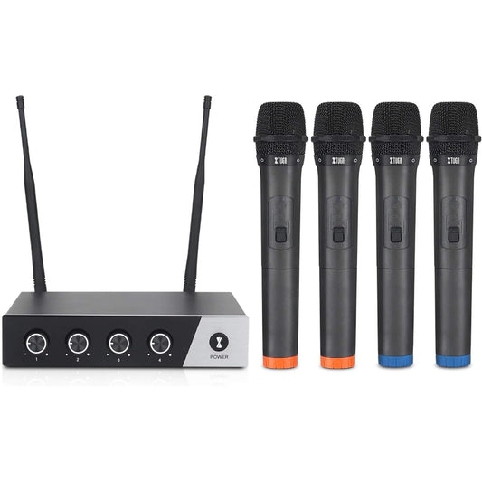 XTUGA S400 Wireless Microphone System, 4 Channel UHF Cordless Microphone Set with 4 Handheld Microphones, Fixed Frequency, Long Range 260ft Ideal for Church, Karaoke, Wedding, Events