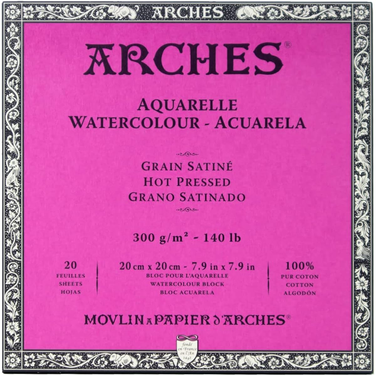 (Hot pressed, 20 x 20 cm) - Arches Watercolour Block, 300 GSM, Hot Pressed, 20 x 20 cm, Wood White
