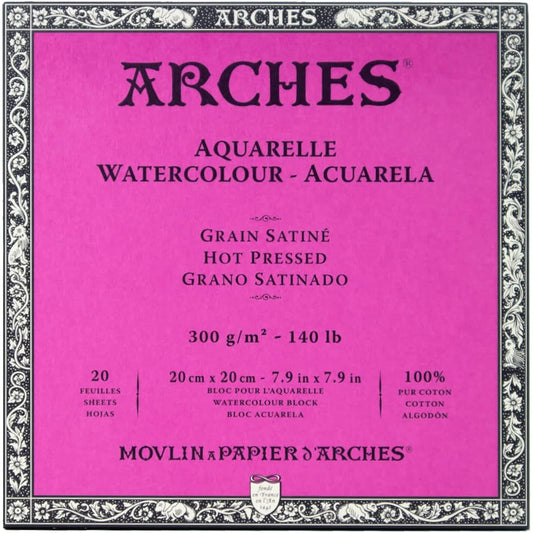 (Hot pressed, 20 x 20 cm) - Arches Watercolour Block, 300 GSM, Hot Pressed, 20 x 20 cm, Wood White