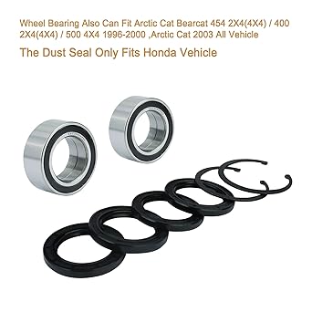 Wheel Bearing Honda TRX350 2000-2006 / TRX400 2004-2007 Replacement # 91051-HC5-003 2 pcs Dust Seal (40X58X9) 2 pcs Oil Seal (38X50X7) 2 pcs Circlip (50mm) 2 pcs S.S.