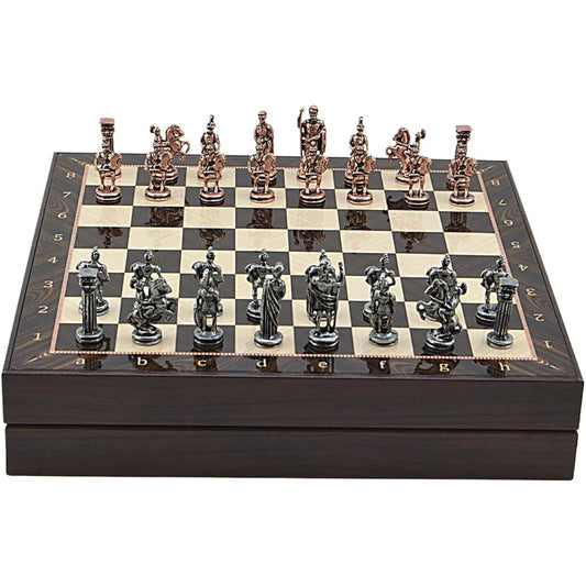 Metal Chess Set for Adults Historical Roman Antique Copper Figures Handmade Pieces Different Designs Wooden Chess Board with Storage (Walnut)