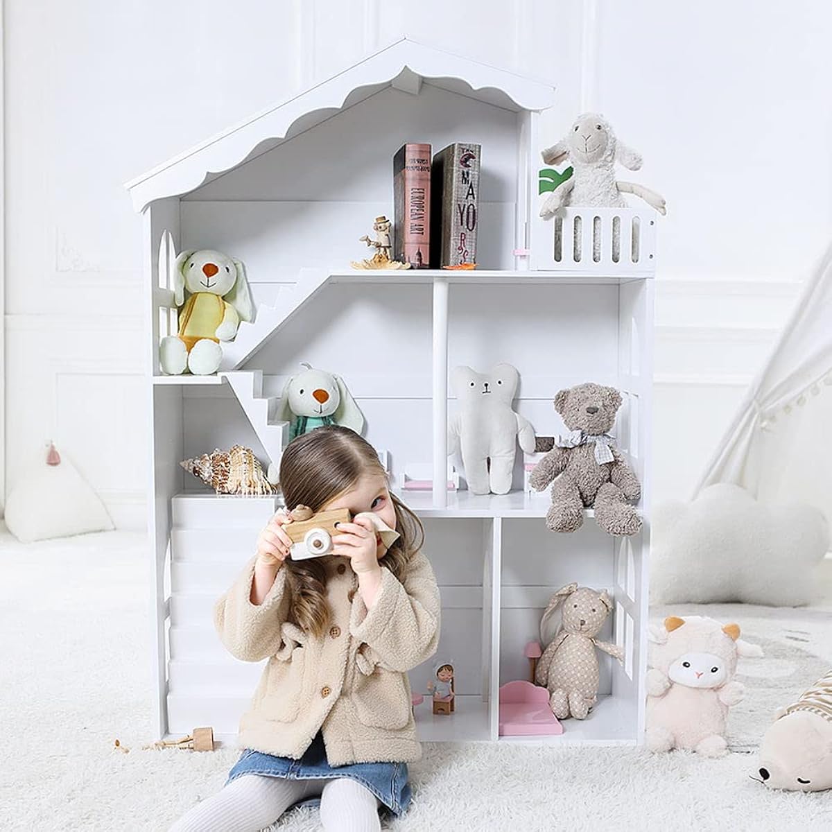 HILIROOM HILIROOM Dollhouse Bookshelf with Stairs and Balcony Kids Wooden Bookshelf 3 Tiers Kids Toy Shelf Large Storage 32.6" x 12" x 45" (White)