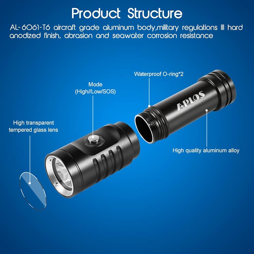 APLOS AP01 Diving Light 1050 Lumens Underwater Light Flashlight 3 Lighting Modes Power Indicator IPX8 Waterproof 100M Disaster Prevention Goods Suitable for Earthquake Prevention/Security Prevention/Fishing/Fishing/Camping/Climbing, etc.